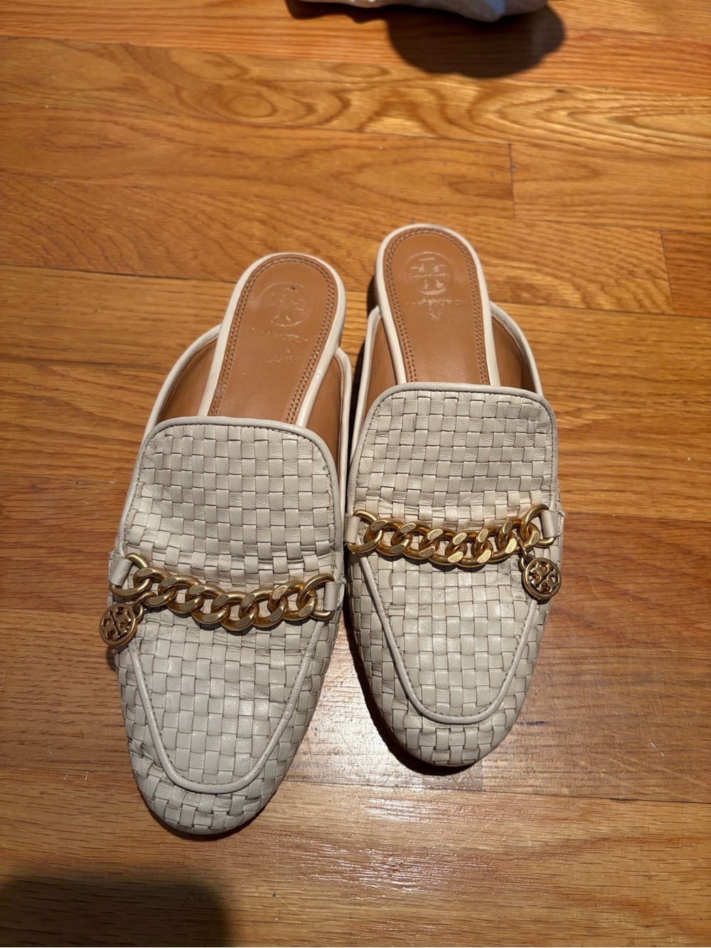 Tory Burch Cream Woven Leather Chain-Accent Mule